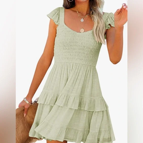 slim fit dress slacks Mermaid Puffy Sleeve Sage Green Satin Dress main image 0